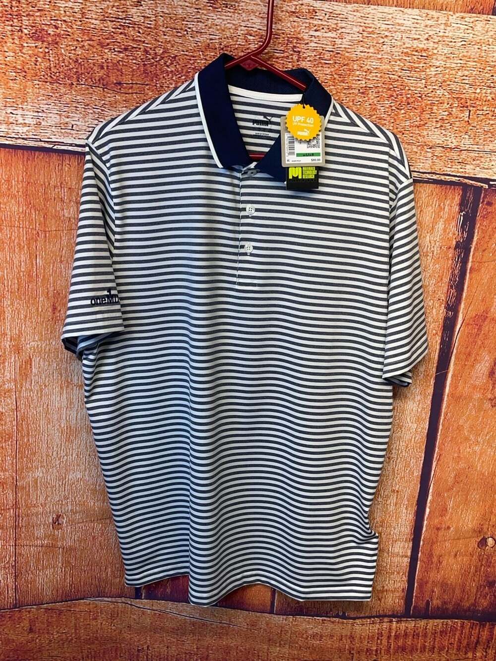 Puma Golf MATTR Feeder Striped Polo Shirt with oneMD Logo Sz L NWT